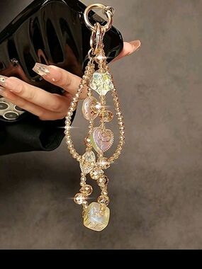 AB001_Gold Crystal Heart And Stars Phone Lanyard - Iridescent Pink Gold